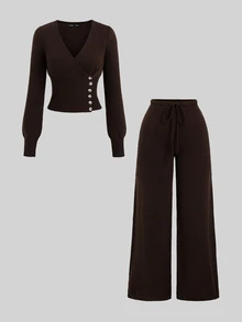 Sweetra Lazy Casual Ribbed Deep Coffee V-Neck Single-Breasted Sweater 2 Pieces Set - Coffee Brown - View 1