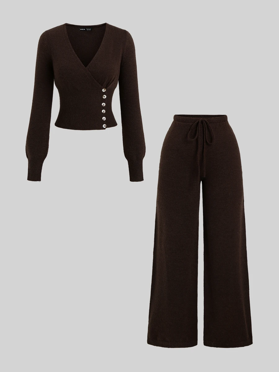 Sweetra Lazy Casual Ribbed Deep Coffee V-Neck Single-Breasted Sweater 2 Pieces Set - Coffee Brown - View 1