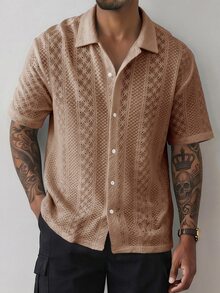 HUEFORM Men's Single-Breasted Embroidered Hollow-Out Knit Shirt, Versatile & Fashionable - Khaki - View 3