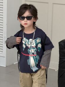 Transformers Evergreen X DAZY Young Boy Loose Casual Straight Leg Striped 2 In 1 Graphic Autumn T-Shirt - Dark Grey - View 5