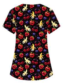 PopScrub Top d'été pour femme Halloween noir à col V, manches courtes, double poche, imprimé squelette dessin animé mignon, uniforme de travail pour infirmière, médecin, toiletteur pour animaux, nutritionniste, laboratoire, vêtement de fête fonctionnel multi-poches, Jour des Morts, fête d'Halloween, style effrayant et mignon - Noir - Voir 2