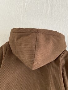 SHEIN Playful Pals 男嬰休閒經典燈芯絨印花抓絨內裡前口袋前扣連帽長袖外套 秋冬款 - 棕色 - 查看 7