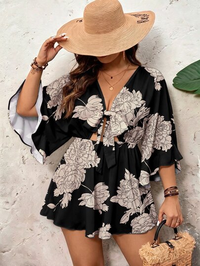 Travachic Women's Plus Size Black White Sheer Jumpsuit, Loose Cover-Up, Floral Print, Boho Bohemian Casual Beach Outfit, Summer/Early Autumn Clothing Fall