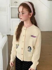 THE POWERPUFF GIRLS X DAZY Tween Girl Cartoon Embroidered Round Neck Long Sleeve Cardigan, Autumn/Winter - Apricot - View 4