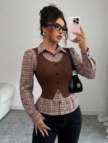 Elenzga 女款棕色格紋拼接羅紋布料領口收腰設計 2 合 1 優雅教師風套裝，適合日、Cyber Monday、萬聖節、單身派對、平安夜、聖誕節、感恩節，秋季襯衫上衣服飾，新款必備時尚單品，小眾設計，百搭風格 - 摩卡棕 - 查看 5