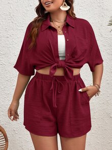 SHEIN VCAY 大尺碼純色休閒度假襯衫短褲兩件套 - 酒紅色 - 查看 3