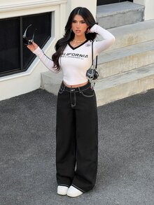 SHEIN PETITE 女款十字繡寬腿牛仔褲 - 黑色 - 查看 8