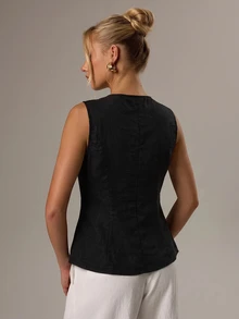 Avantive Tank Top Wanita Kasual Musim Panas Warna Polos dengan Desain Mengencangkan Pinggang - Hitam - View 2