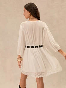 Easelle Women's French Lace Patchwork Hollow Sweet Romantic Boho Elegant Tie-Up Dress Vacation White Black Lace Fall Garden Party Brunch Tea Party - White - View 4