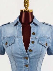 SHEIN 女款街頭風鈕扣短袖修身牛仔夾克 - 藍色 - 查看 4