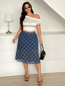 Vionelle Plus Size Vintage Casual Versatile Daily Sweet Girl Chiffon Plaid Skirt - Navy Blue - View 5
