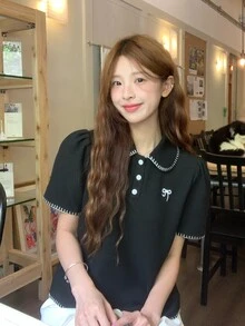 DAZY 女款韓式休閒短袖翻領T恤 - 黑色 - 查看 8