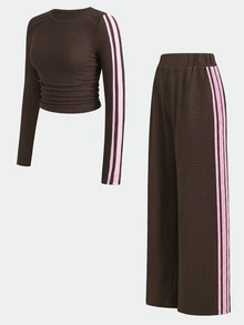 SHEIN Teen Girls Spring Autumn Brown Knitted Textured Fitted Ruched Crew Neck Pink Ribbon Trim Long Sleeve T-Shirt And Wide Leg Pants 2 Pieces Set, Suitable For Autumn Winter Layering - Brown - View 2