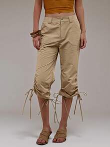 MUSERA Khaki Utility Ruched Leg Tie Capri Pant Summer Autumn Everyday Date Night Holiday Vacation Dazed - Khaki - View 3