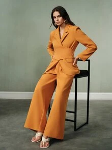 Aveloria Modichic Women's Suit Set Strong Shoulder Waist Wide Leg V-Neck Lapel Overlapping Buckle Cummerbund Side Buttons Modern Orange Solid Tailored Set Thanksgiving - Orange - View 7