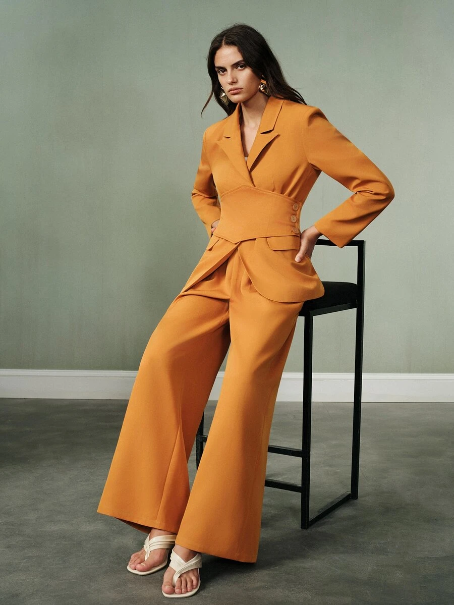 Aveloria Modichic Women's Suit Set Strong Shoulder Waist Wide Leg V-Neck Lapel Overlapping Buckle Cummerbund Side Buttons Modern Orange Solid Tailored Set Thanksgiving - Orange - View 1