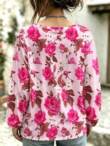 EMERY ROSE 大尺碼女款休閒花卉印花圓領長袖T恤上衣，適合日常穿著 - 彩色 - 查看 2