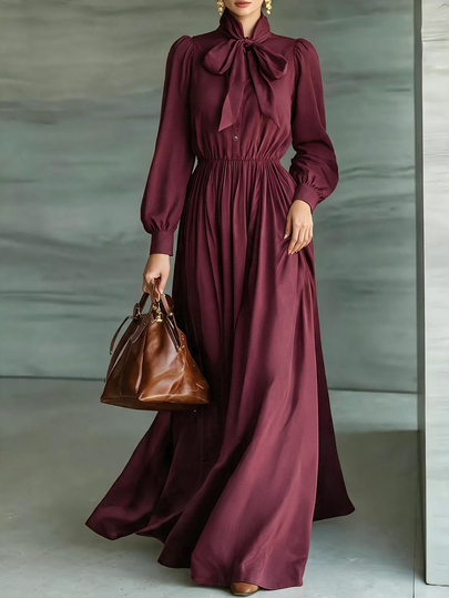 Elegantrix Autumn/Winter Plus Size Women's Coffee Brown Smooth Satin Stand Collar Bow Petal Sleeve Cinching Waist Wide Leg Long Dress For Commute And Party