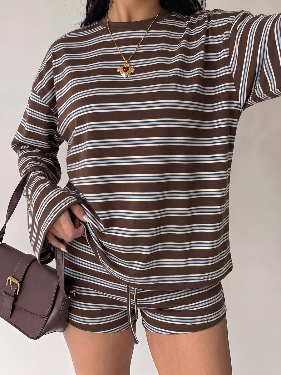 Aloruh 女款初秋休閒條紋圓領長袖上衣與抽繩腰短褲兩件套居家服,棕色條紋 - 棕色 - 查看 1