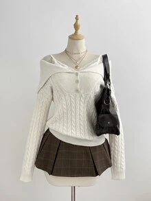 Elamini Women's White Casual Versatile Commute Daily Wear Classic Cable Knit Half-Button Pullover Sweater, Autumn/Winter - White - View 3