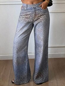 Dazy Plus Plus Size Women's Autumn Gradient Leopard Print Washed Blue Loose Straight Leg Wide Leg Casual Streetwear Denim Jeans - Medium Wash - View 4