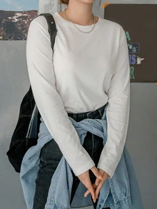 Dazy Plus Solid Color Casual Round Neck Versatile All-Match Long Sleeve White T-Shirt Spring/Autumn New Style - White - View 6