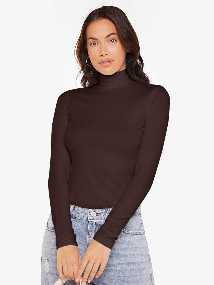 SHEIN BASICS High Neck Long Sleeves Rib-Knit Form Fitted Tee Tops For Women Black Tops - Coffee Brown - View 1