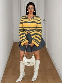 Maweii Sweater Pullover Bergaris Wanita, Pakaian Rajut, Ukuran Besar - Kuning - View 5