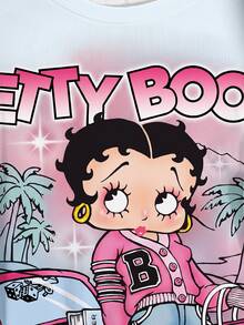 Betty Boop x SHEIN Plus Size Summer Casual Cartoon Print T-Shirt - White - View 4