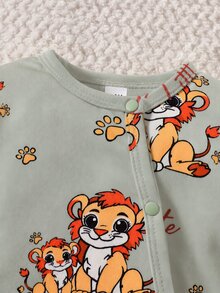 SHEIN 2件組嬰兒男女通用長袖卡通熊印花新生兒連身衣，適合春夏秋冬日常穿著、生日派對、拍照紀念 - 橄欖綠 - 查看 6