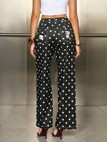 Betty Boop x SHEIN Celana Jeans Denim Wanita Model Lurus dan Longgar dengan Motif Polkadot - Hitam - View 2