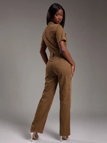 NYA SZN Women's Casual Washed Denim Jumpsuit - Brown - View 2
