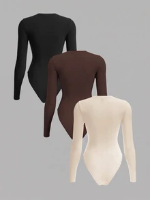 SHEIN BASICS 大尺碼休閒百搭純色長袖緊身連身衣 - 黑色 - 查看 4