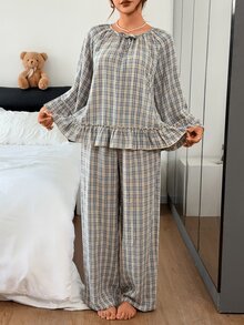 DAZY Women's Plaid Top And Pants Pajama Set Fall - Blue - View 3
