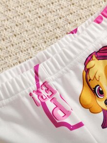 SHEIN | PAW Patrol 聯名 IP 主題幼女幼童全印花對比領設計修身高彈力面料長袖長褲兩件式居家服套裝 - 粉色 - 查看 5