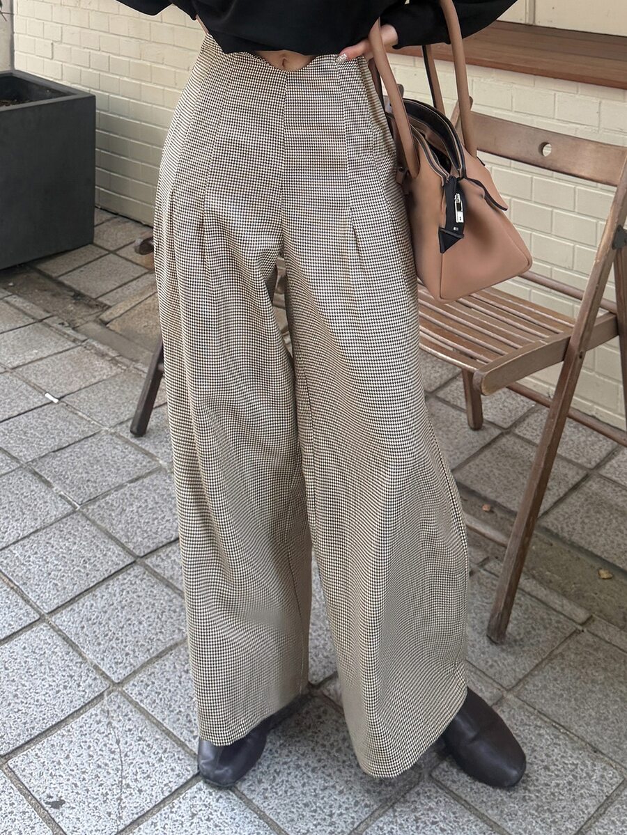 FRIFUL 女款百褶寬腿寬鬆優雅法式休閒千鳥格長褲,適合早午餐、商務辦公,黑色格紋秋季款 - 深灰色 - 查看 1