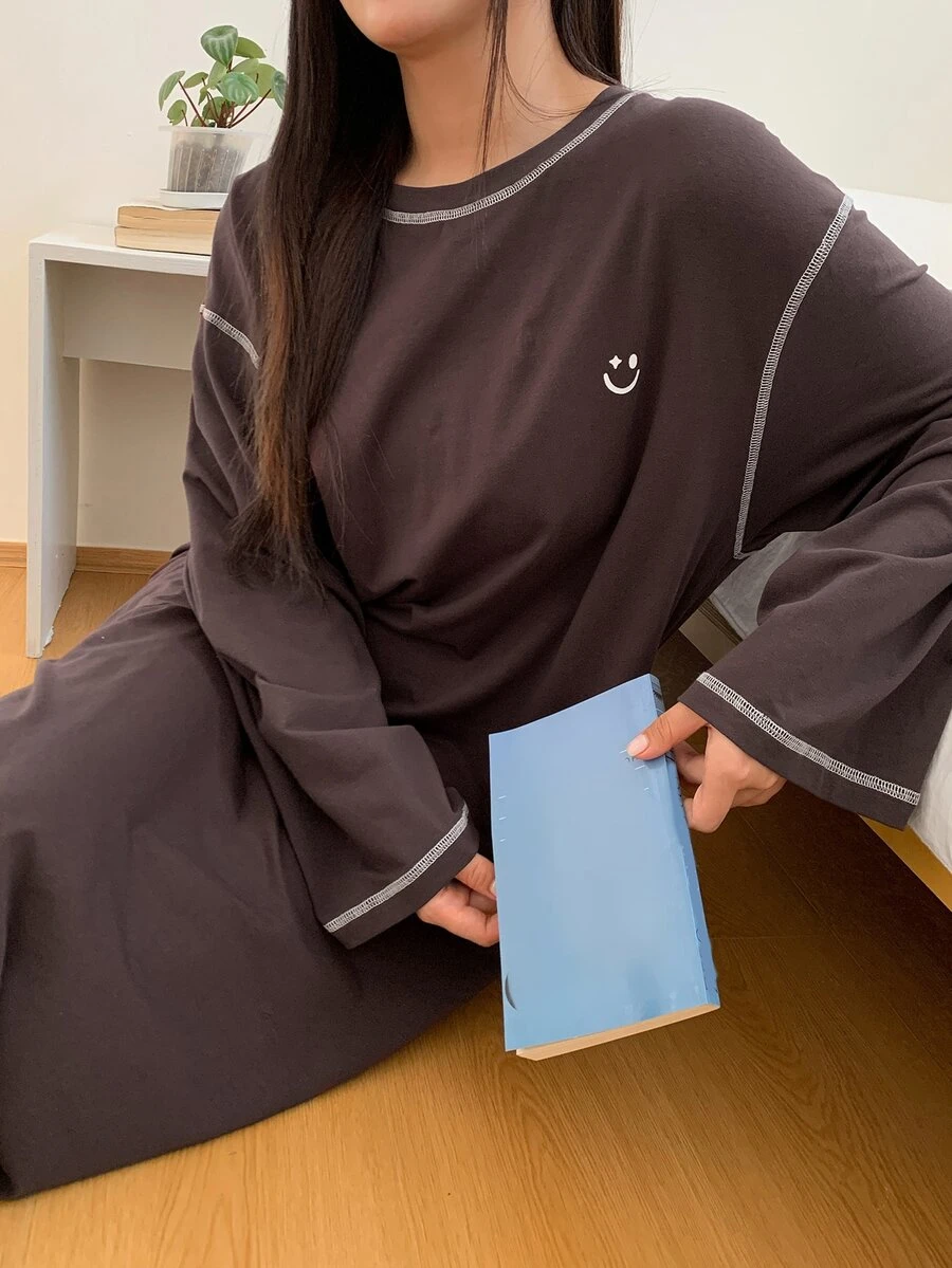 Dazy Plus Pattern Print Contrast Color Stitch Design T-Shirt Style Long Nightgown Loungewear Dress Fall - Brown - View 1