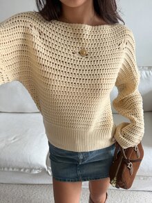 DAZY Solid Color Fitted Boat Neck Hollow Out Long Sleeve Casual Elegant Vacation Autumn/Winter Knit Sweater For Women - Apricot - View 6