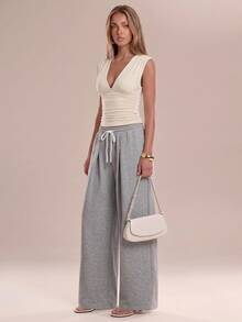 Avantive Women's Drawstring Pleated Wide Leg Loose Floor-Length Casual Sports Retro Slouchy Sweatpants - Grey - View 6