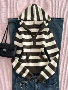 Elamini Women's Autumn/Winter Vintage Lazy Versatile Daily Commute Photo-Ready Striped Hooded Pullover Sweater - Multicolor - View 4