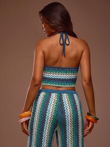 MUSERA Beaded Detail Textured Multicoloured Fitted Triangle Halterneck Top Coord Top Only Summer Spring - Green - View 2