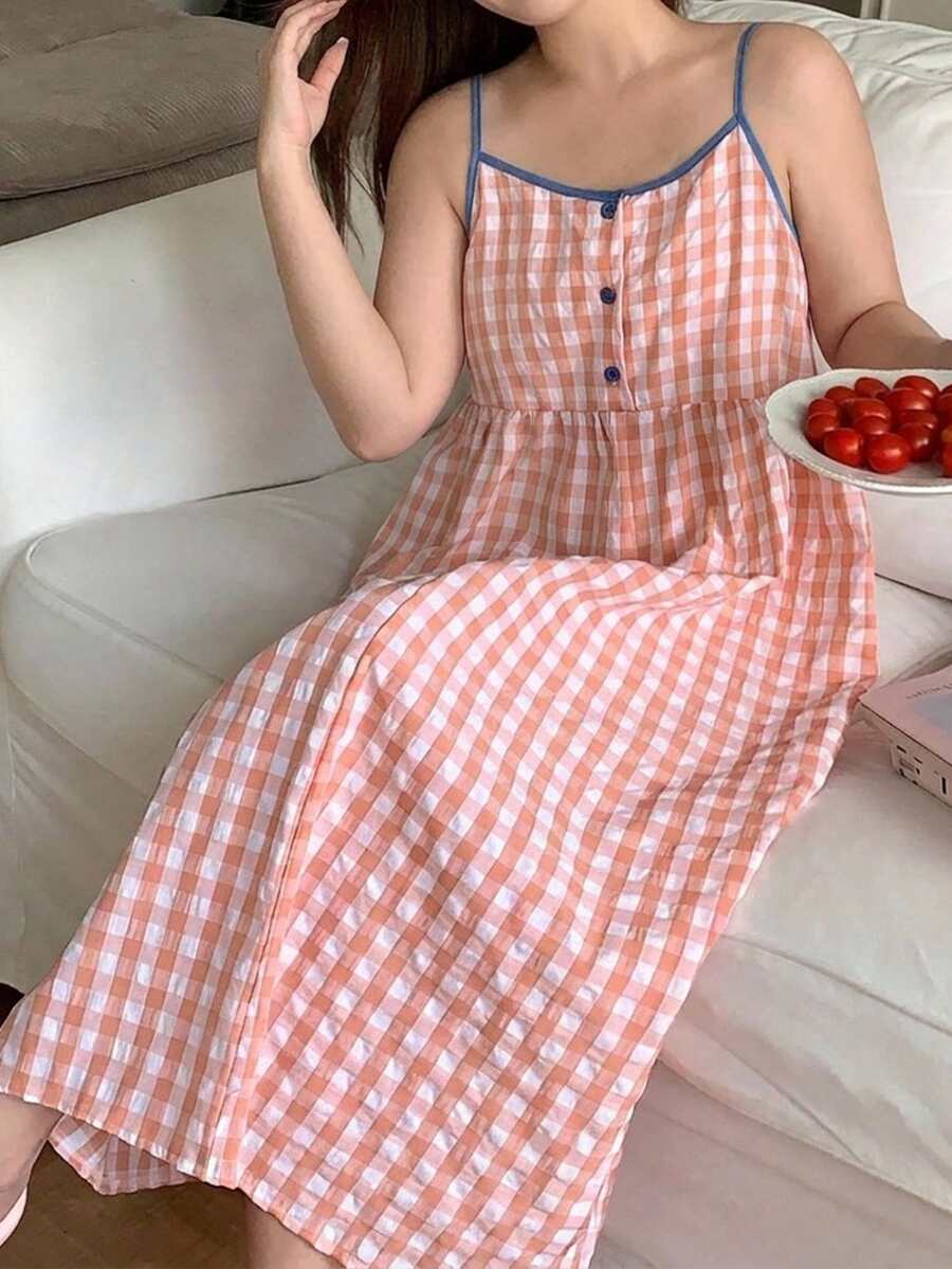Dazy Plus Teen Girls Casual Plaid Colorblock Spaghetti Strap Nightgown, Spring Summer Autumn New Style - Pink - View 1