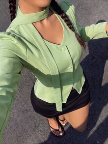Modelyn Kemeja Hijau Kancing Depan Leher V Musim Semi/Gugur, Atasan Kerja Hijau Sage Musim Gugur/Dingin, Blus Elegan Modern Wanita, Atasan Berkelas, Atasan Kerja Hijau Sage - Hijau - View 6