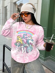 My Little Pony X SHEIN Plus Size Tie-Dye Cartoon Print Crew Neck Sweatshirt Fall - White - View 3