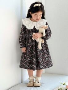 SHEIN 女童秋季碎花寬鬆長袖洋裝，彈性袖口、精緻領口、後開口設計，黑色仙女公主風禮物 - 黑色 - 查看 2