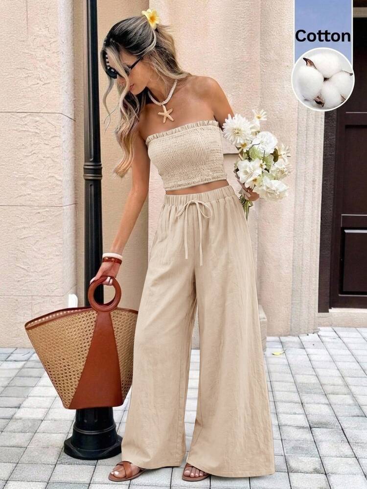 Serisse Women's Vacation Casual Solid Color Bandeau Top & Wide Leg Pants 2 Pieces Set - Apricot - View 1