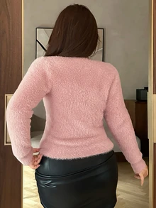 Dazy Plus Sweater Pullover Pendek Rajut Panjang Berwarna Pink, Lembut dan Pas Badan, Lapisan Dasar Serbaguna untuk Musim Gugur/Dingin - Berwarna merah muda - View 5