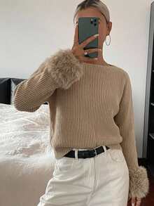 SHEIN Autumn/Winter Casual Khaki Fuzzy Cuff Sweater - Khaki - View 7