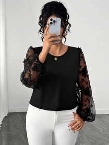 Elenzga Plus Size Women's Autumn/Winter Fashion Elegant Mesh Embroidered Round Neck Long Sleeve Blouse - Black - View 5