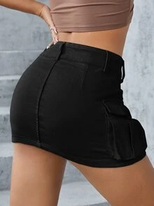 SHEIN ICON 鈕扣口袋街頭性感牛仔低腰迷你裙 - 黑色 - 查看 7